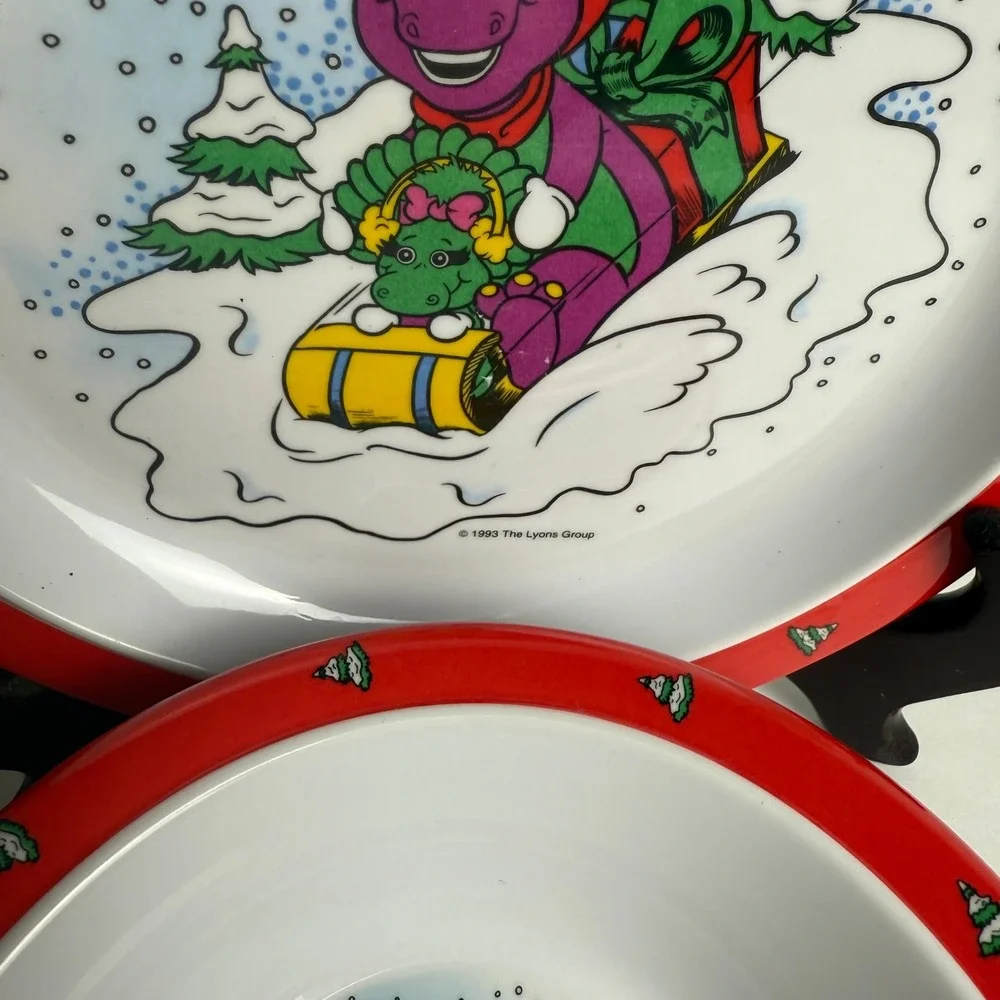 Vintage 1993‎ Barney Christmas Melamine Plate and Bowls Set Selandia 3 Piece